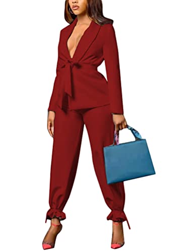 Minetom Damen Zweiteiliger Anzug Set Revers Büro Business Blazer Langarm Anzugjacke Hosenanzug Slim...