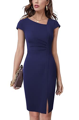 HOMEYEE Damen Vintage V-Ausschnitt Bodycon Business Bleistiftkleid mit Schlitz B700 (S, Marineblau)